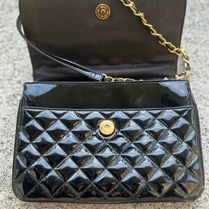 Glossy Black Quilted Clutch with Gold Accents